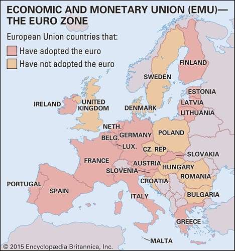 خريطة للدول التي تستخدم عملة اليورو